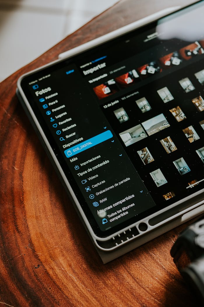 Close-up of a tablet displaying a photo gallery interface on a wooden table.